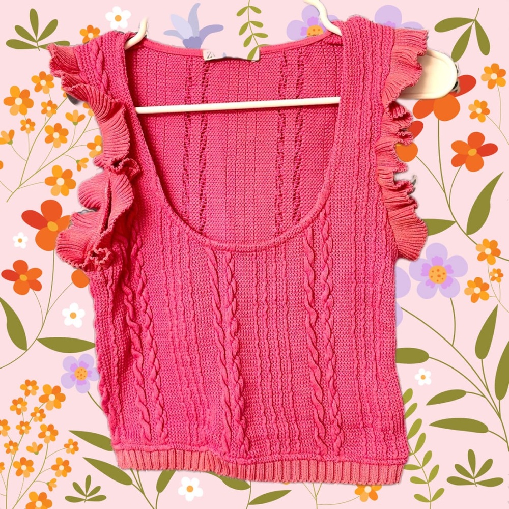 Zara | NWOT | Pink Cable Knit Sweater Blouse with Ruffle Sleeves! (Slight crop)